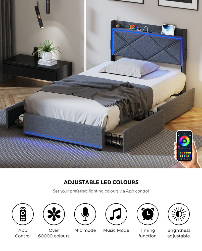 Bed Frame King Single with LED Headboard Charging 4 Drawers