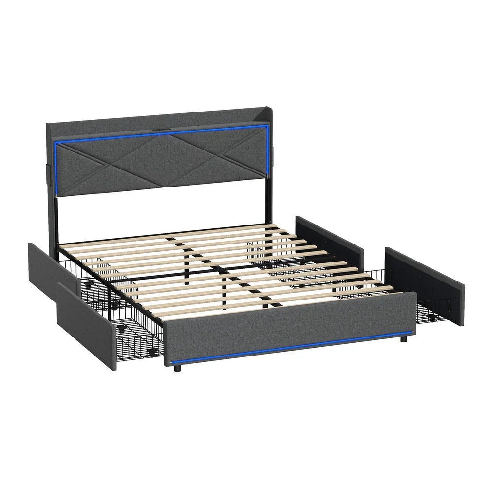 Bed Frame Queen with LED Headboard Charging Port 4 Drawers