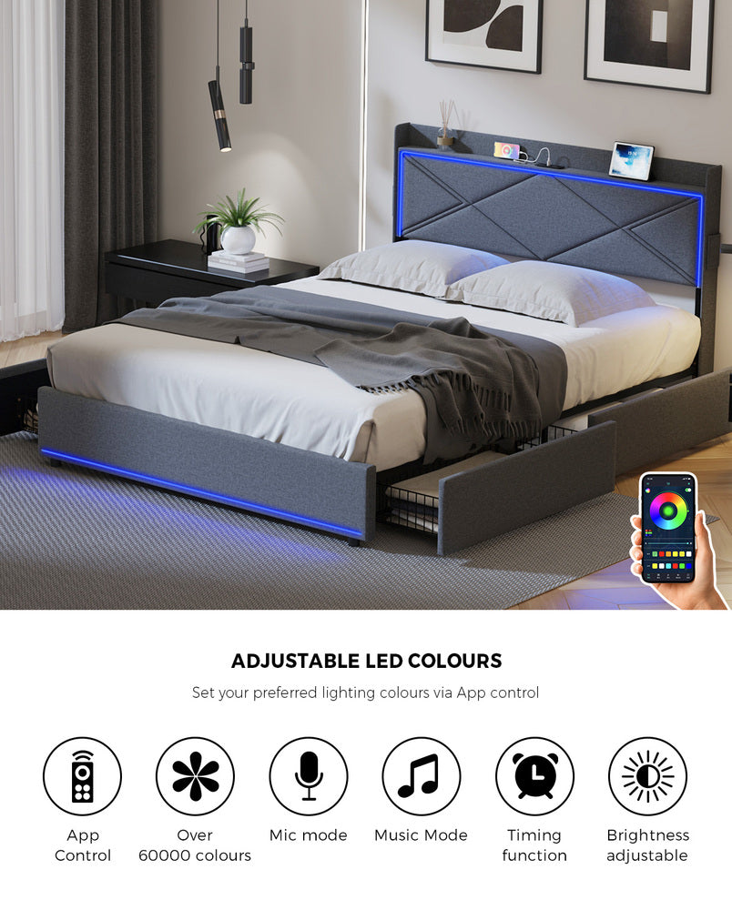 Bed Frame Queen with LED Headboard Charging Port 4 Drawers