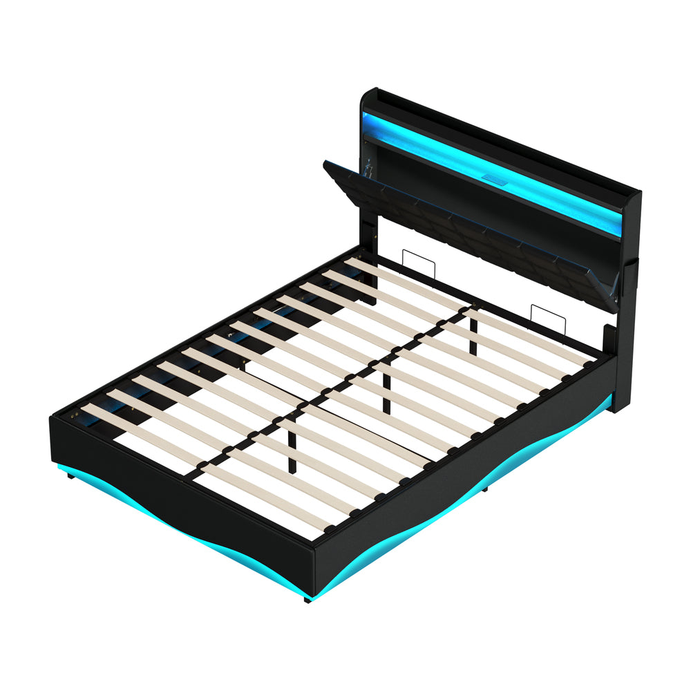 Oikiture Queen Bed Frame Gas Lift LED Storage Headboard USB Black