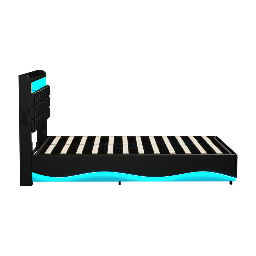 Oikiture Queen Bed Frame Gas Lift LED Storage Headboard USB Black