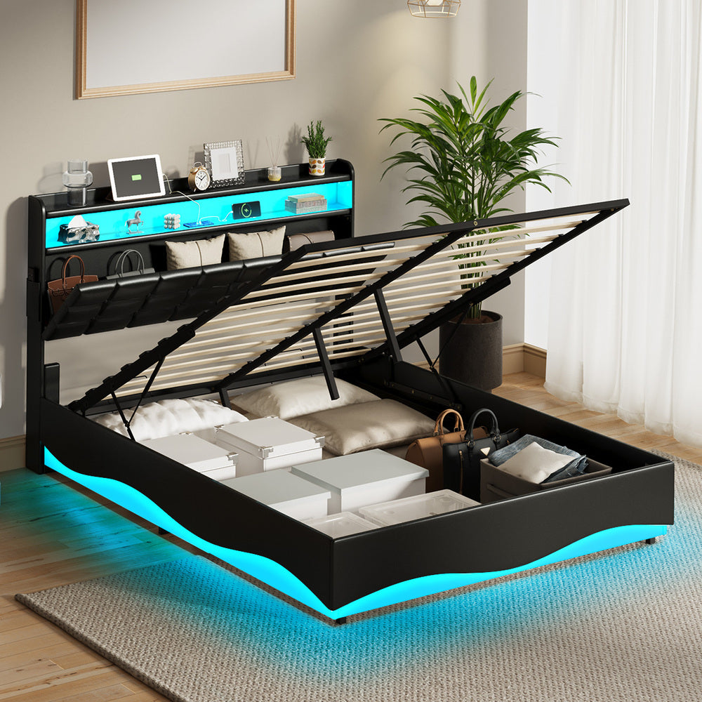 Oikiture Queen Bed Frame Gas Lift LED Storage Headboard USB Black