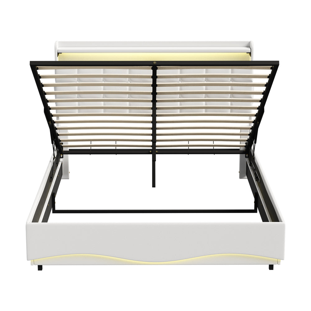 Double Bed Frame LED Gas Lift Storage Headboard USB Charging