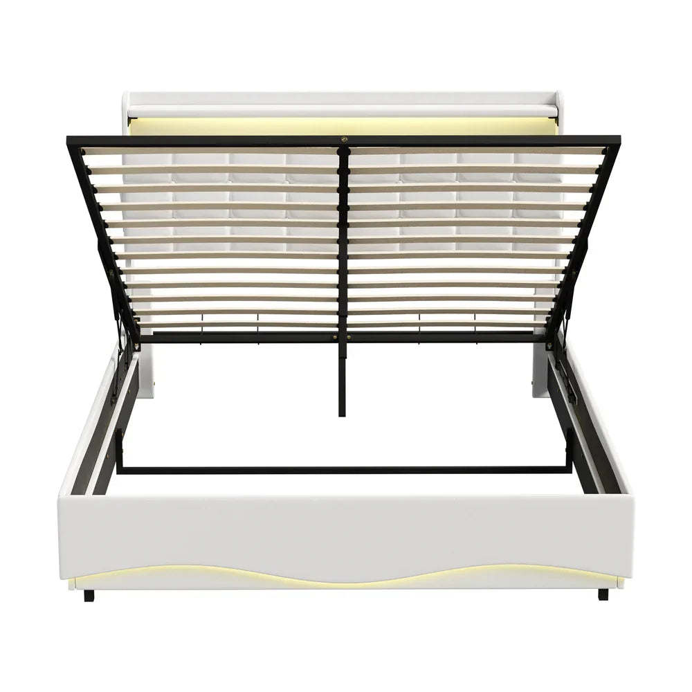 Gas‑Lift Double Bed Frame with LED Storage Headboard & USB Ports – White