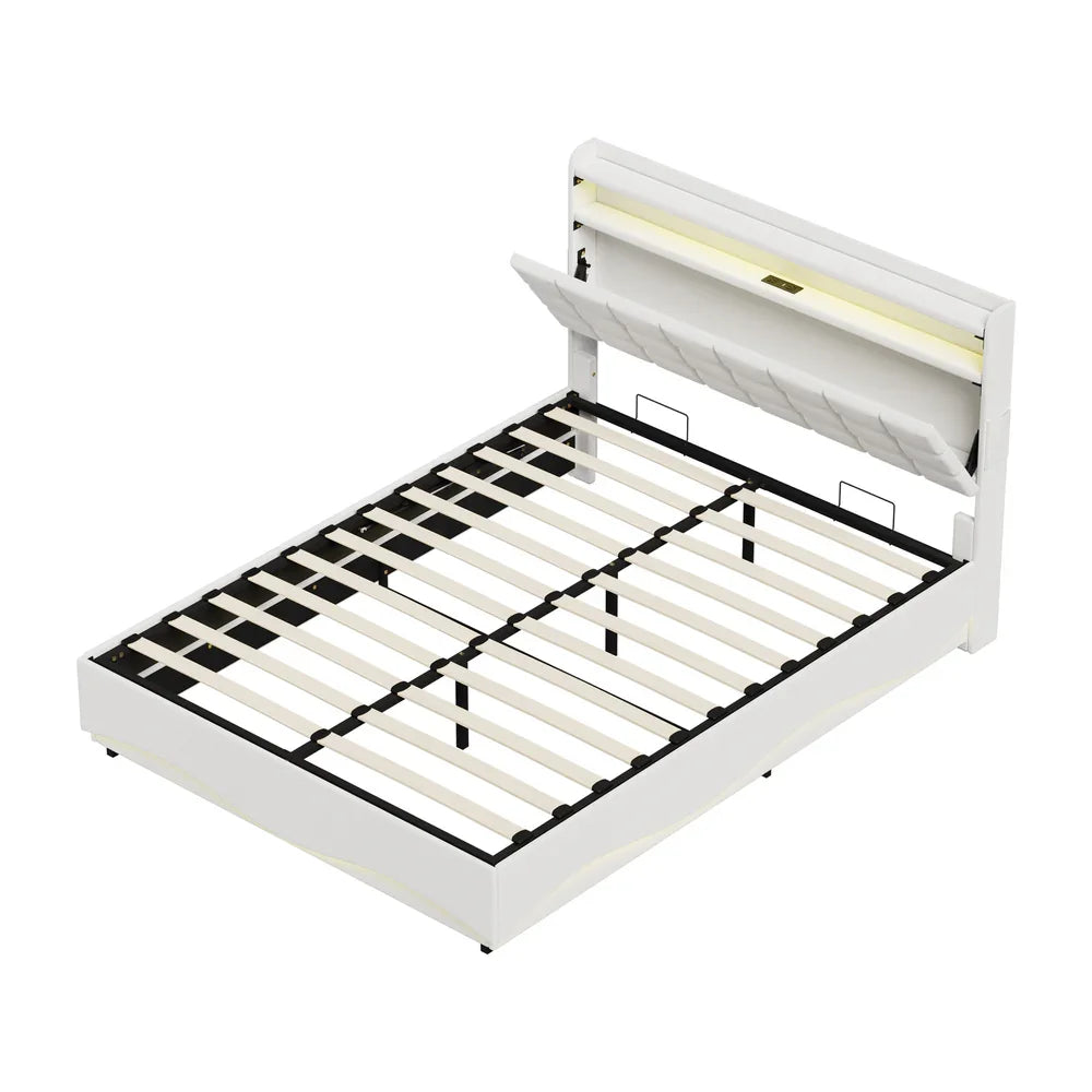 Gas‑Lift Double Bed Frame with LED Storage Headboard & USB Ports – White