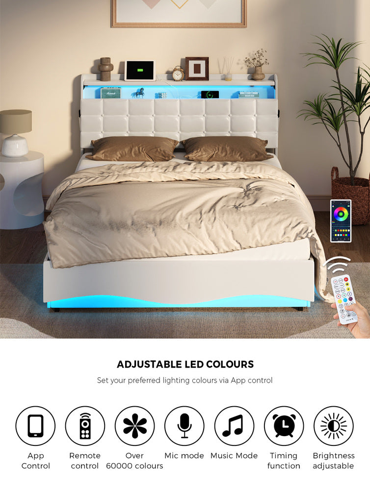 Double Bed Frame LED Gas Lift Storage Headboard USB Charging
