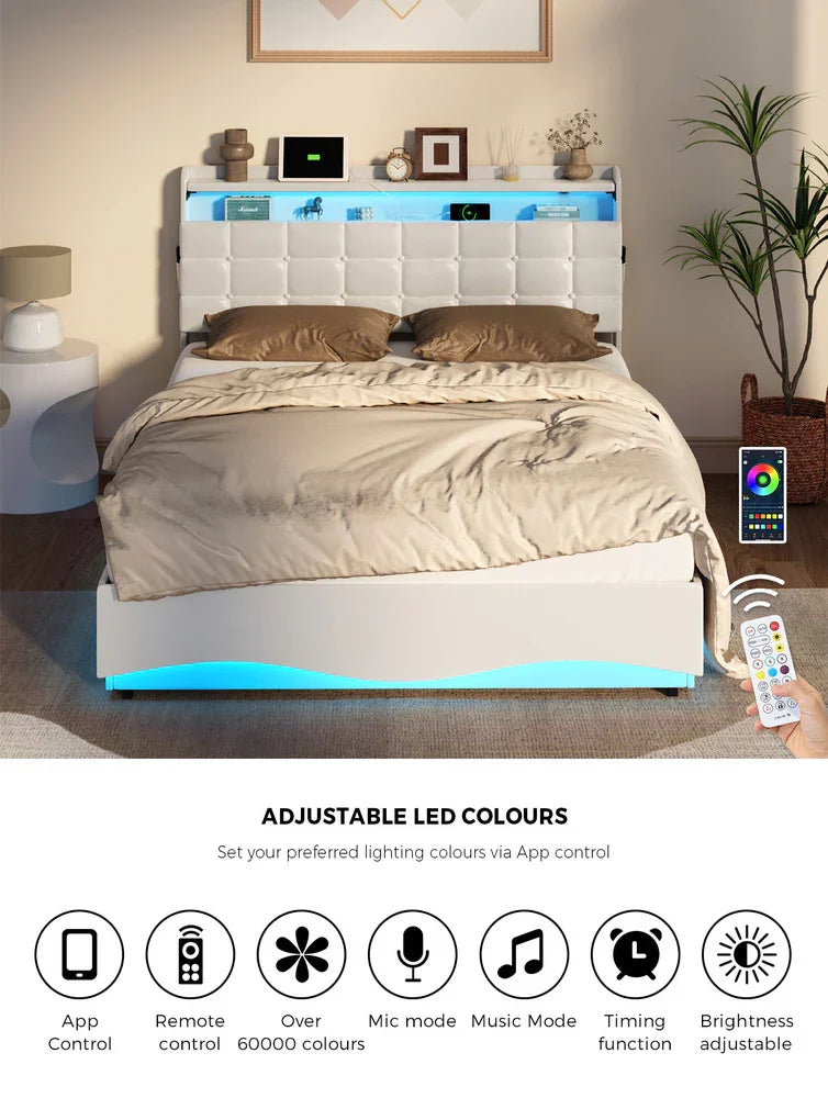 Gas‑Lift Double Bed Frame with LED Storage Headboard & USB Ports – White