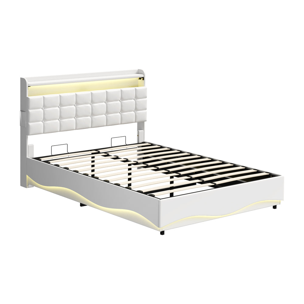 Queen Bed Frame LED Gas Lift Storage Headboard USB Charging