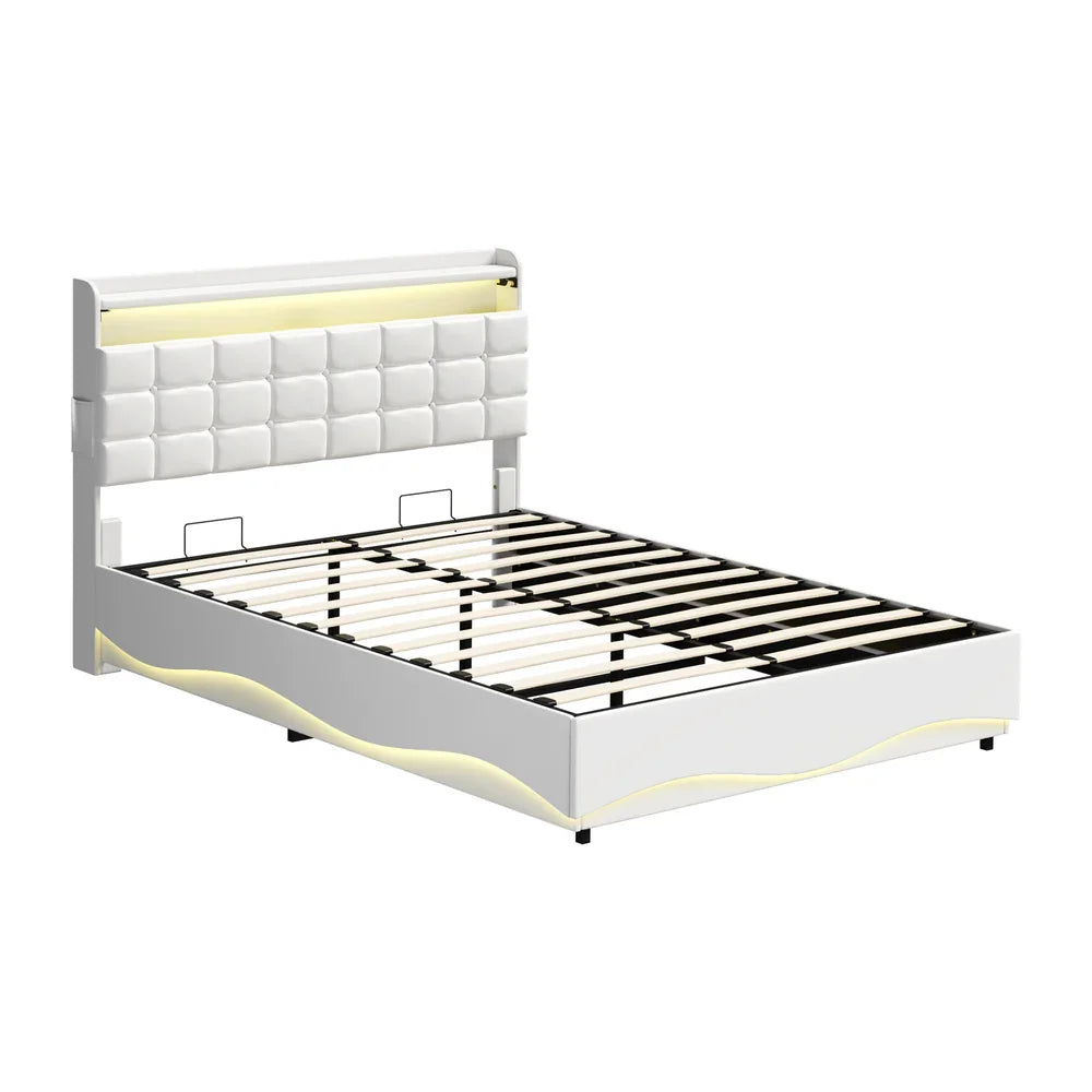 Gas‑Lift Queen Bed Frame with LED Storage Headboard & USB Ports – White