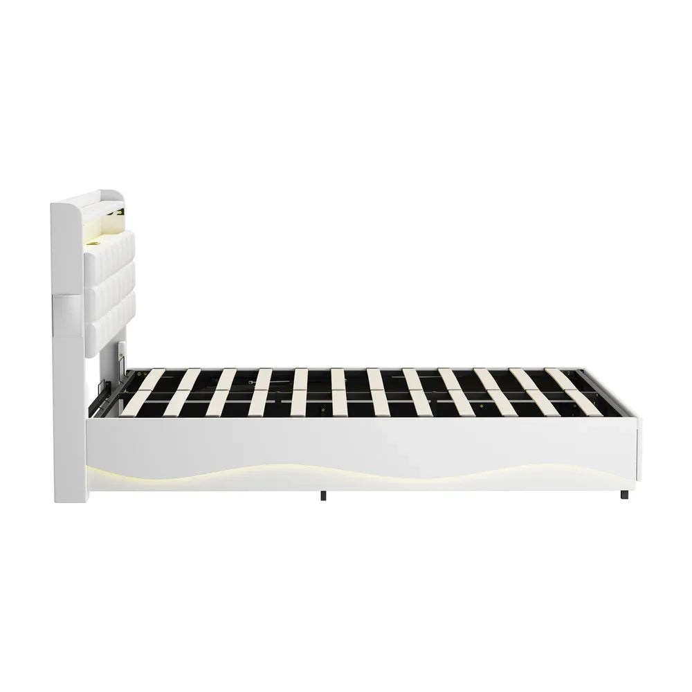 Gas‑Lift Queen Bed Frame with LED Storage Headboard & USB Ports – White
