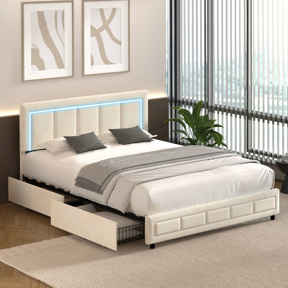 LED Bed Frame Double Size 4 Drawers Adjustable Head Beige