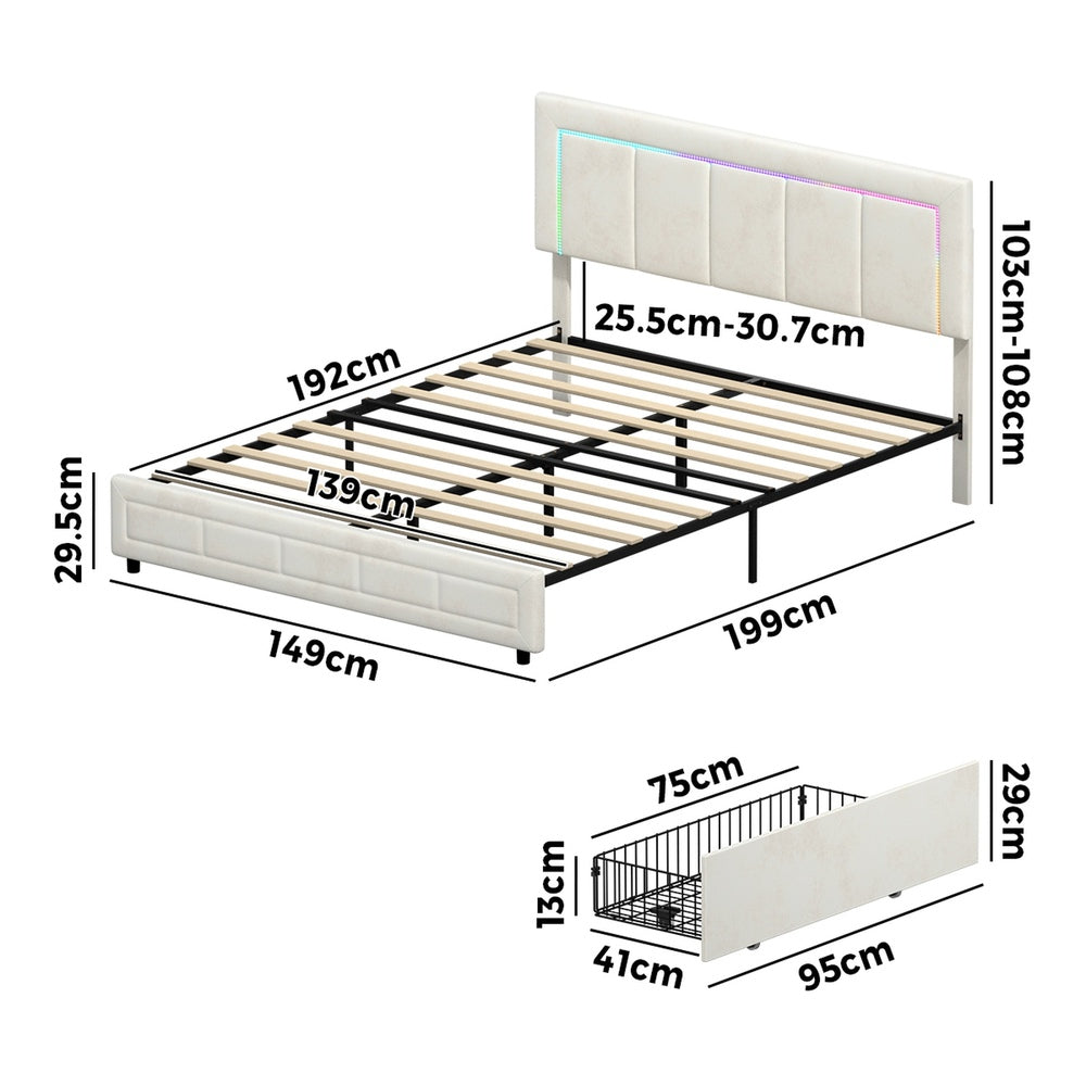 LED Bed Frame Double Size 4 Drawers Adjustable Head Beige