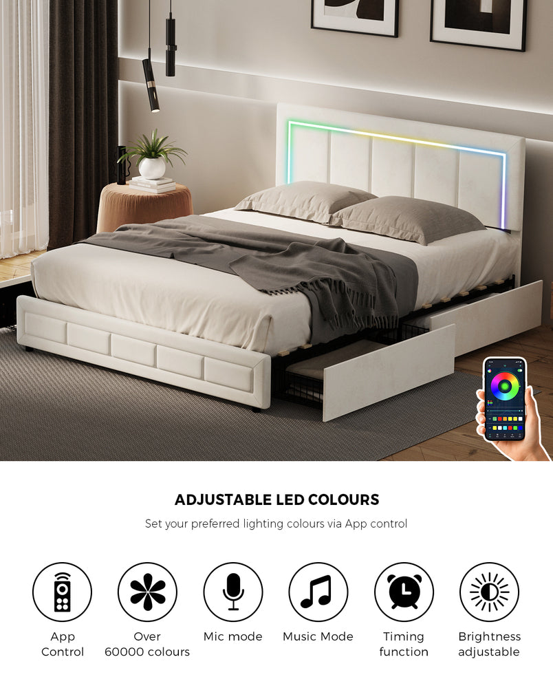 LED Bed Frame Double Size 4 Drawers Adjustable Head Beige
