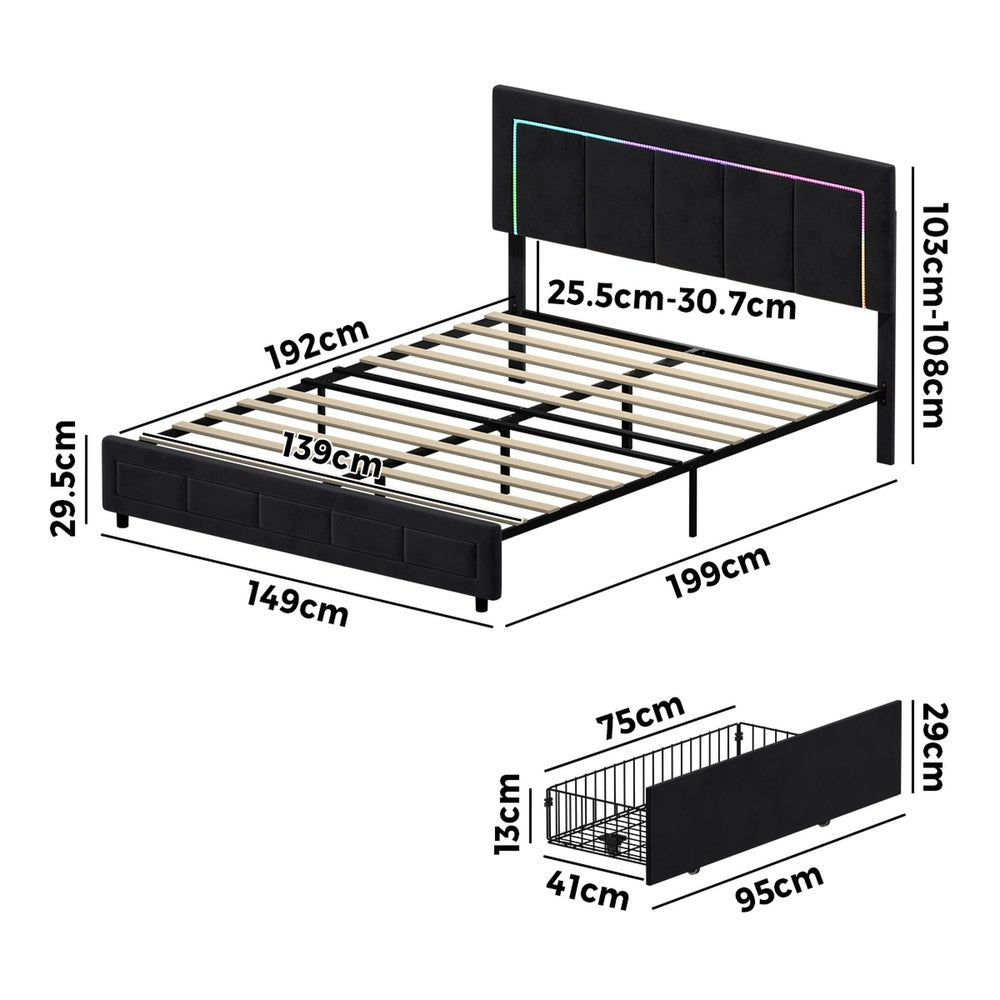 LED Bed Frame Double Size 4 Drawers Adjustable Head Black
