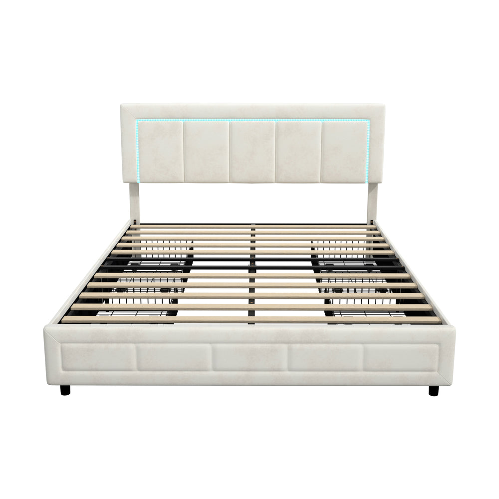LED Bed Frame Queen Size 4 Drawers Adjustable Headboard Beige