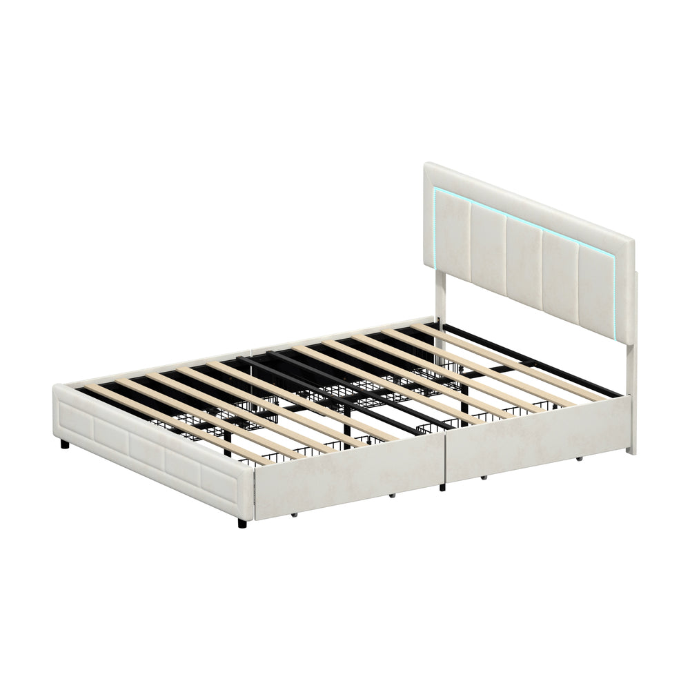 LED Bed Frame Queen Size 4 Drawers Adjustable Headboard Beige