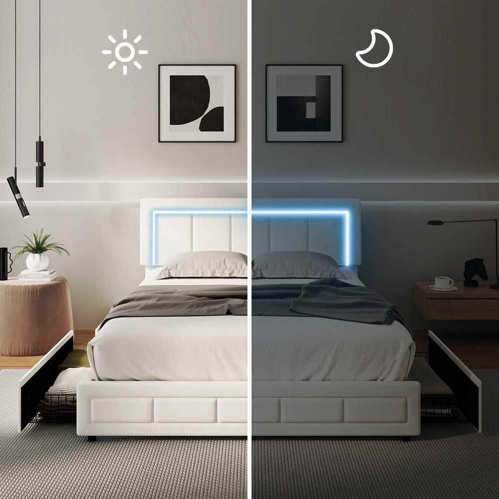 LED Bed Frame Queen Size 4 Drawers Adjustable Headboard Beige