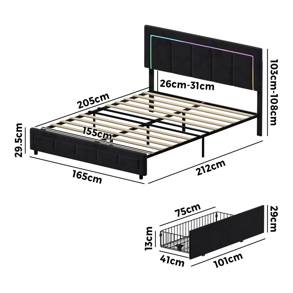 LED Bed Frame Queen Size 4 Drawers Adjustable Headboard Black
