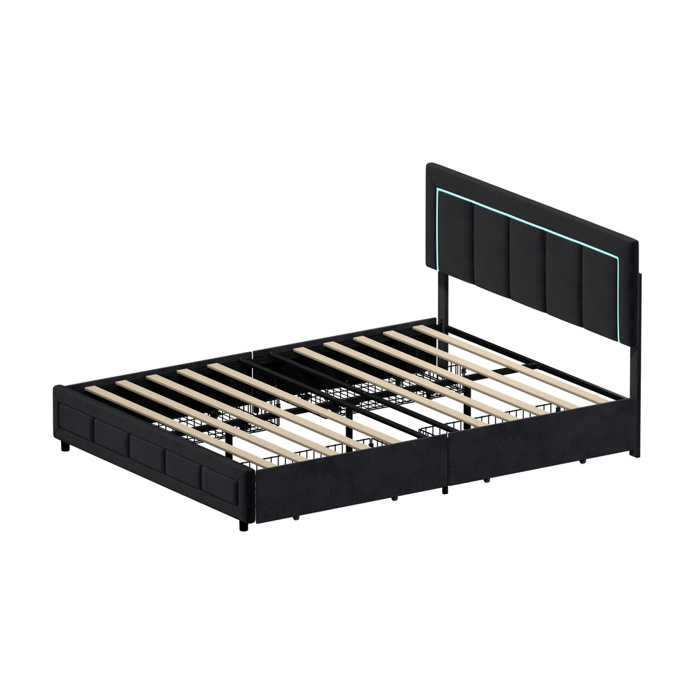 LED Bed Frame Queen Size 4 Drawers Adjustable Headboard Black