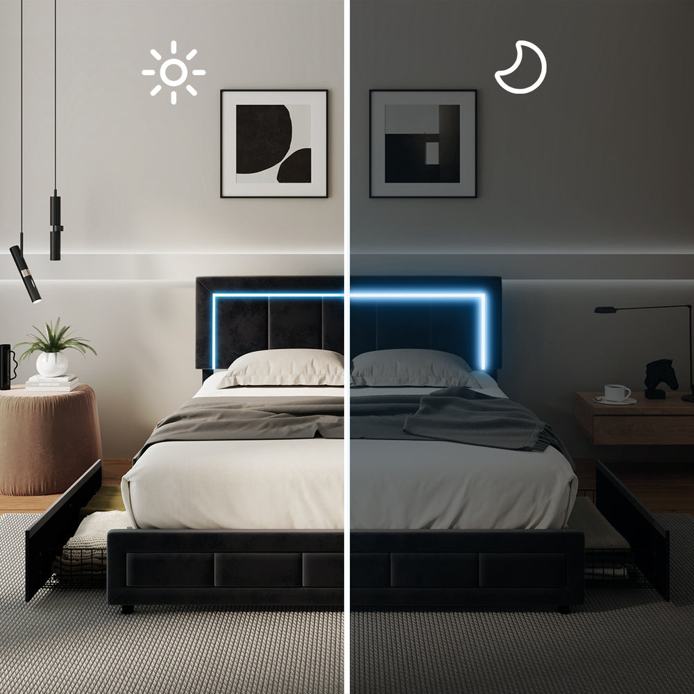 LED Bed Frame Queen Size 4 Drawers Adjustable Headboard Black