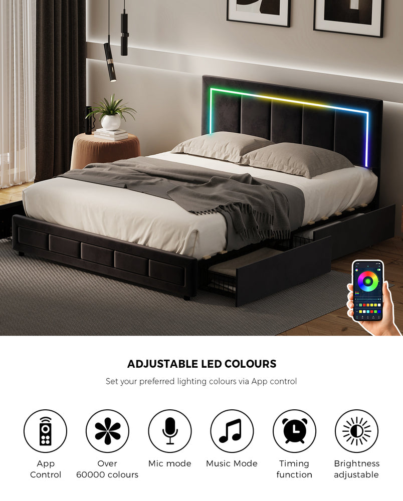 LED Bed Frame Queen Size 4 Drawers Adjustable Headboard Black