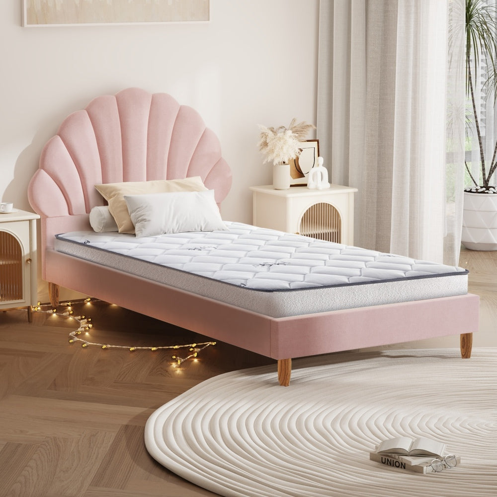 Oikiture Bed Frame with Mattress Single Size Pink Velvet