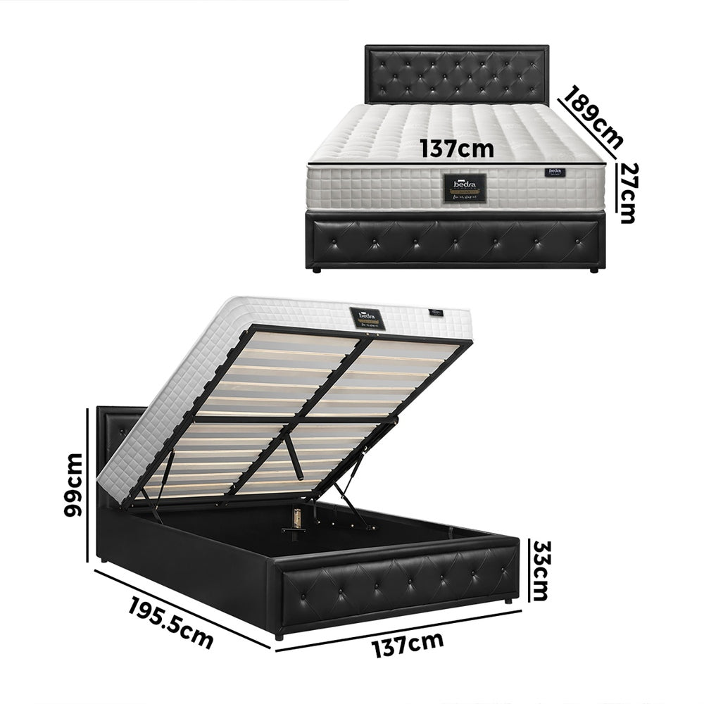 Bed Frame with Mattress Double Size Gas Lift Black Leather