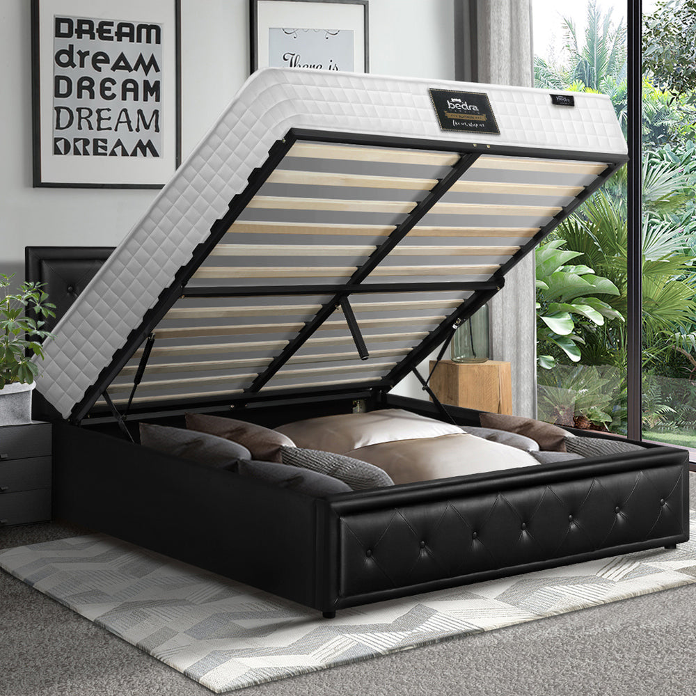Bed Frame with Mattress Double Size Gas Lift Black Leather