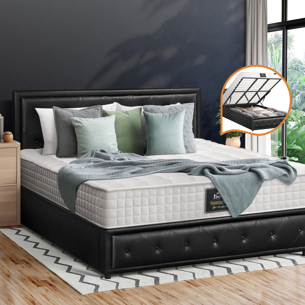 Bed Frame with Mattress King Size Gas Lift Black Leather