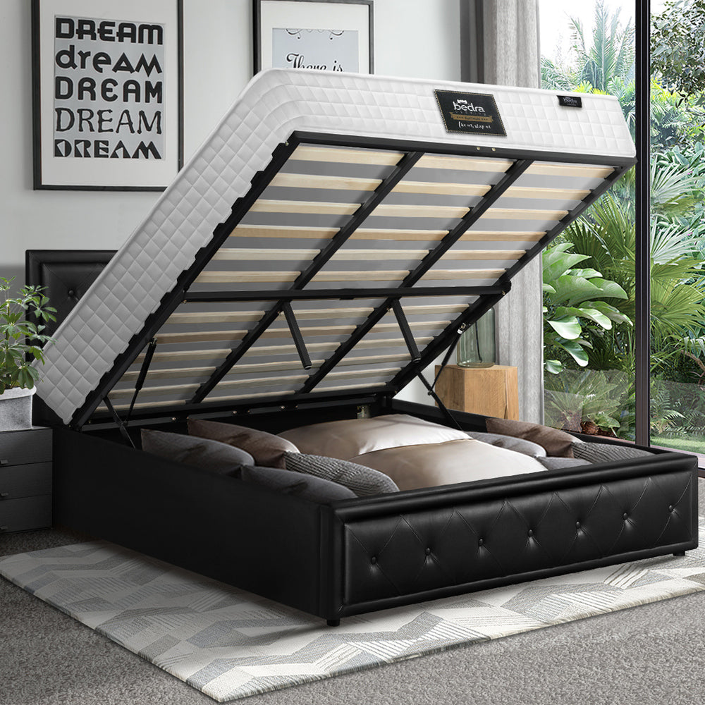 Bed Frame with Mattress King Size Gas Lift Black Leather