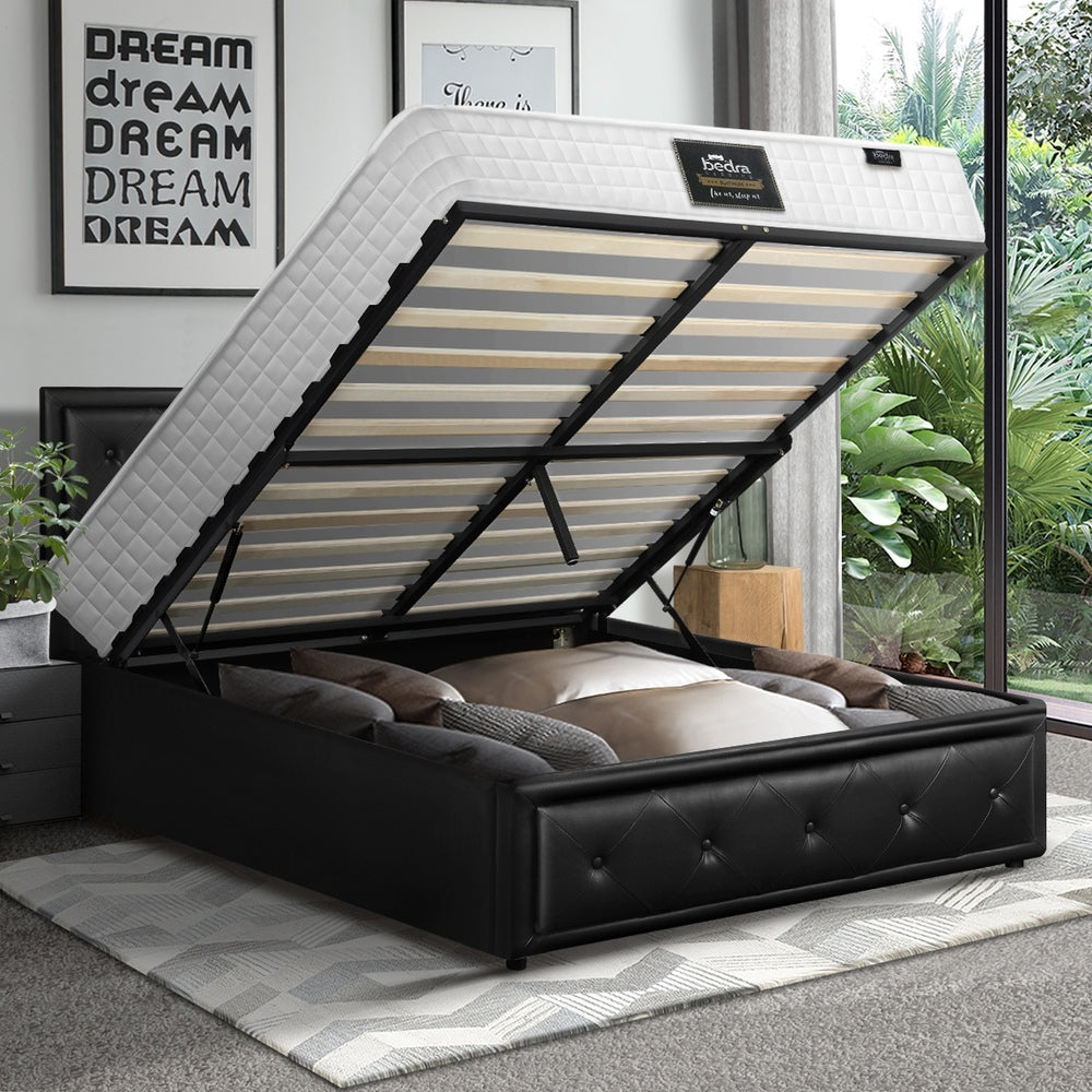 Bed Frame with Mattress King Single Gas Lift Black Leather