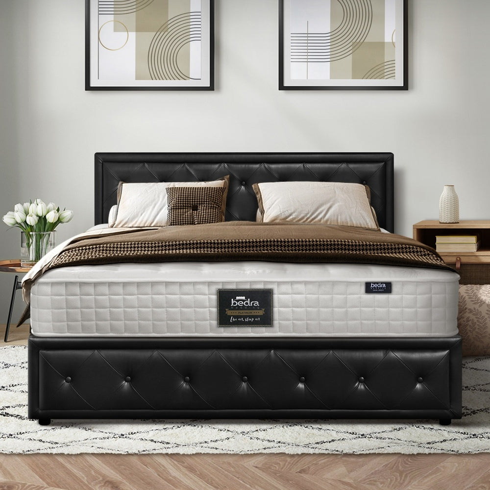 Bed Frame with Mattress Queen Size Gas Lift Black Leather