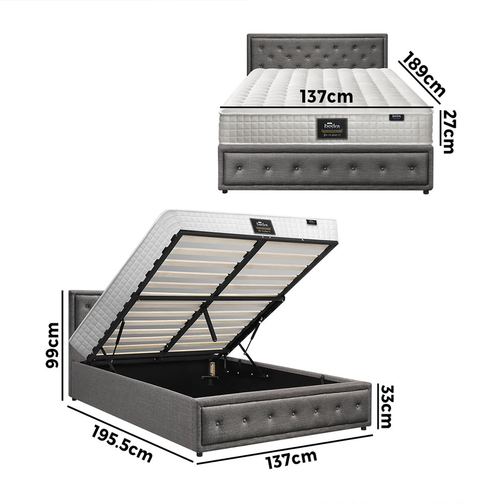 Bed Frame with Mattress Double Size Gas Lift Grey Fabric
