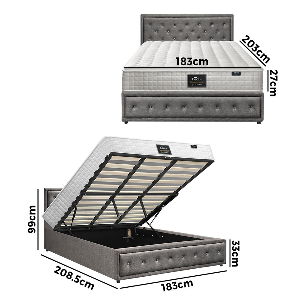 Bed Frame with Mattress King Size Gas Lift Grey Fabric