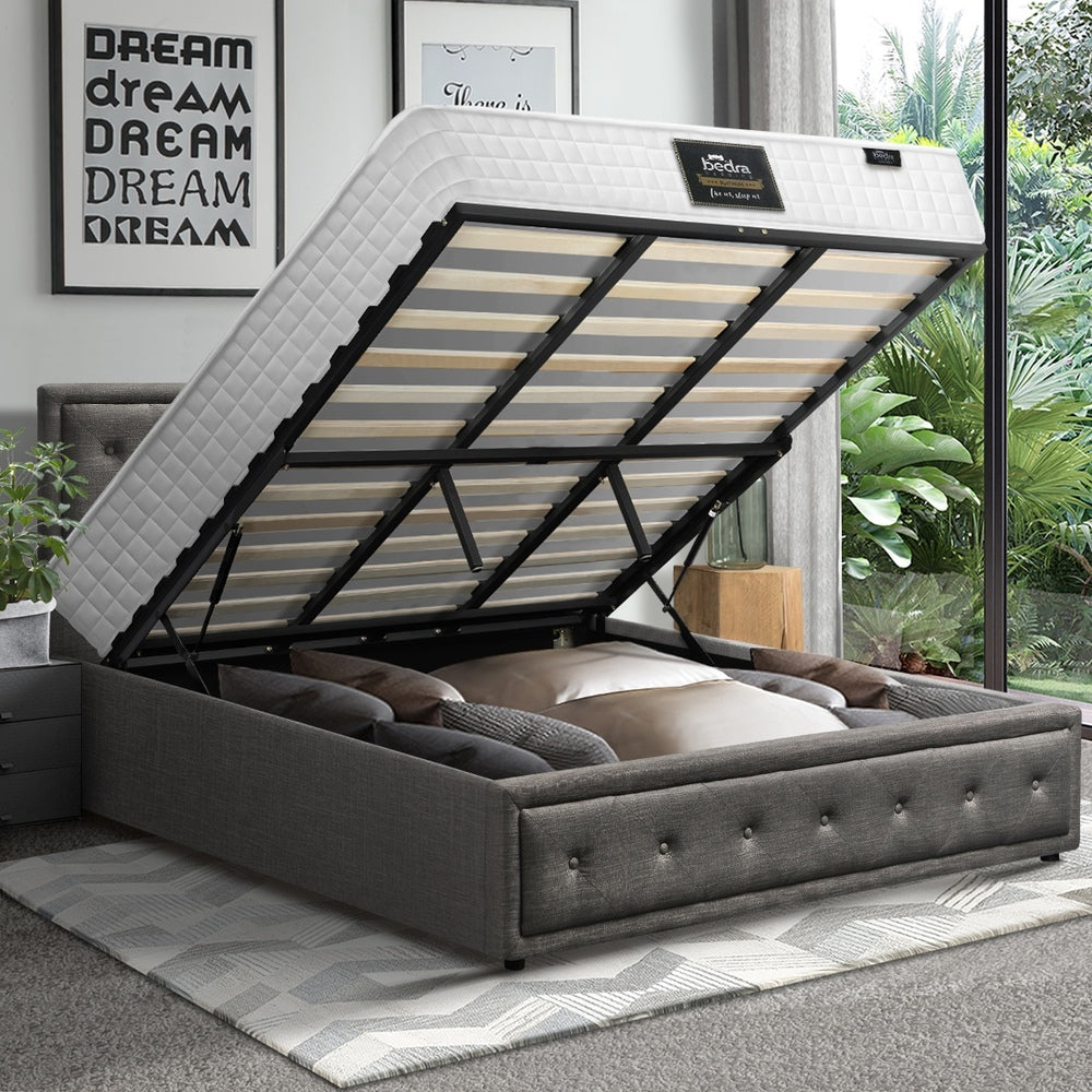 Bed Frame with Mattress King Size Gas Lift Grey Fabric