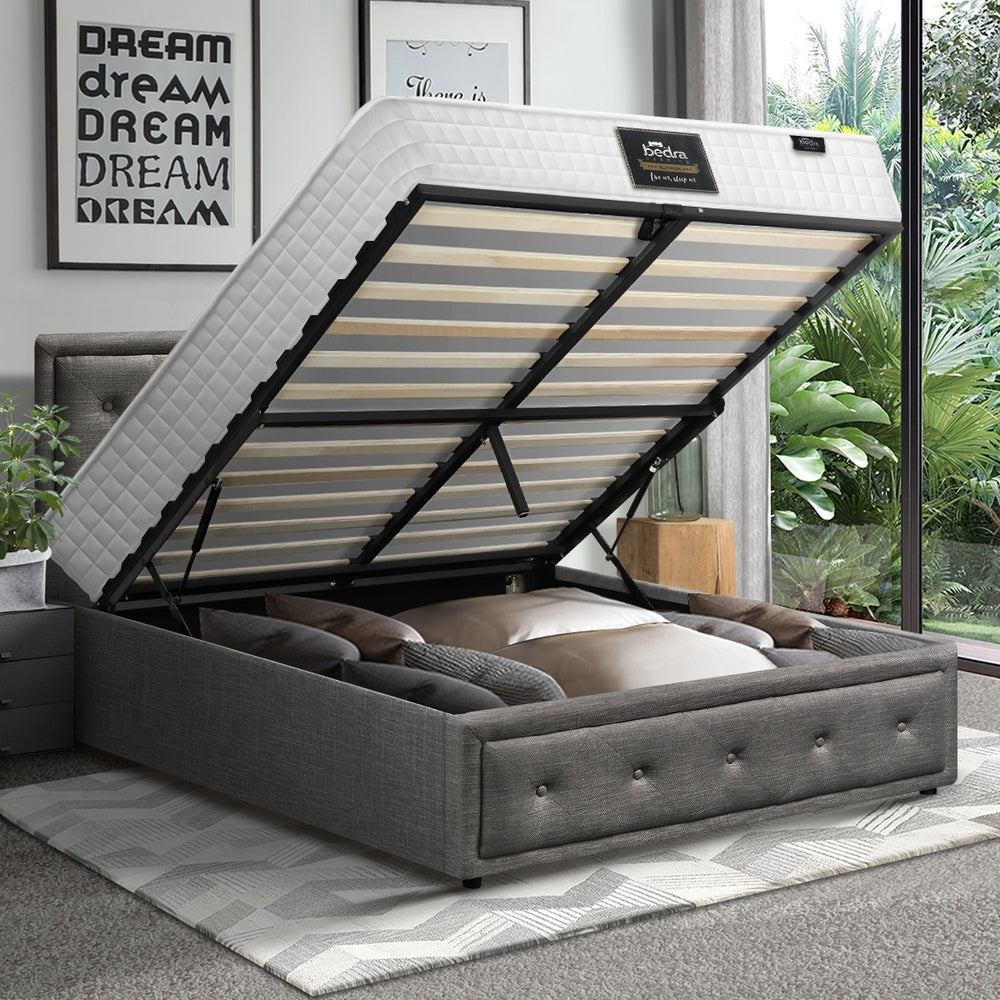 Bed Frame with Mattress King Single Gas Lift Grey Fabric