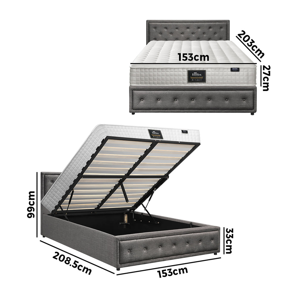 Bed Frame with Mattress Queen Size Gas Lift Grey Fabric