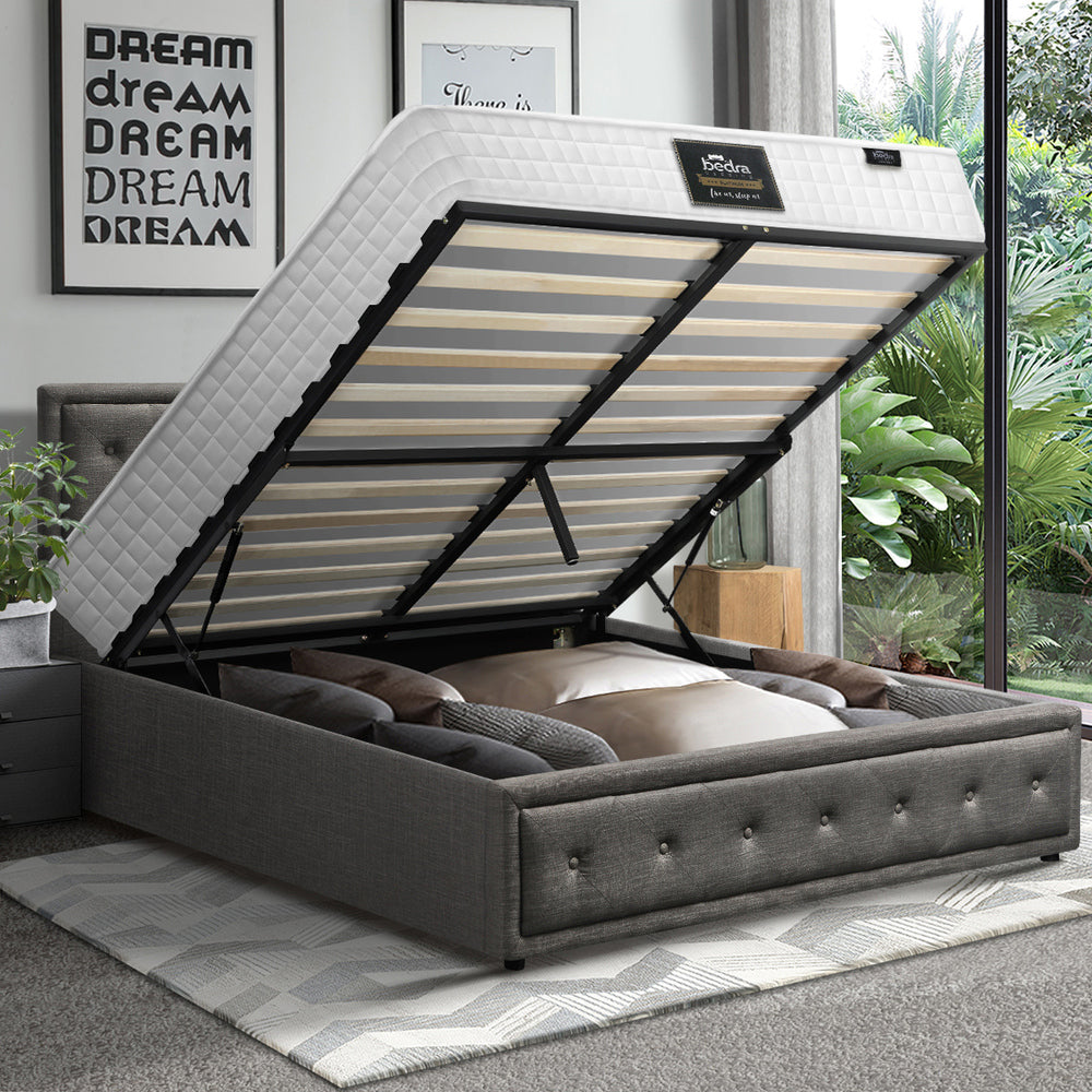 Bed Frame with Mattress Queen Size Gas Lift Grey Fabric