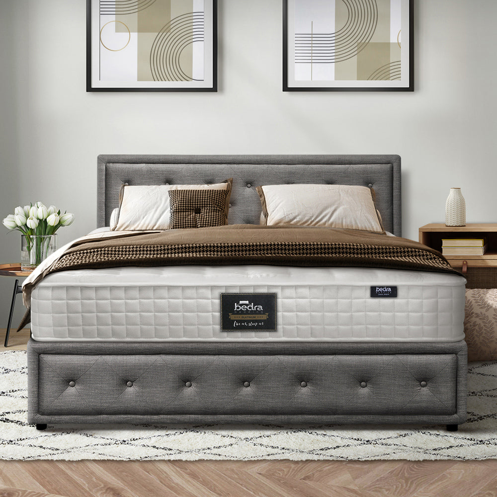 Bed Frame with Mattress Queen Size Gas Lift Grey Fabric