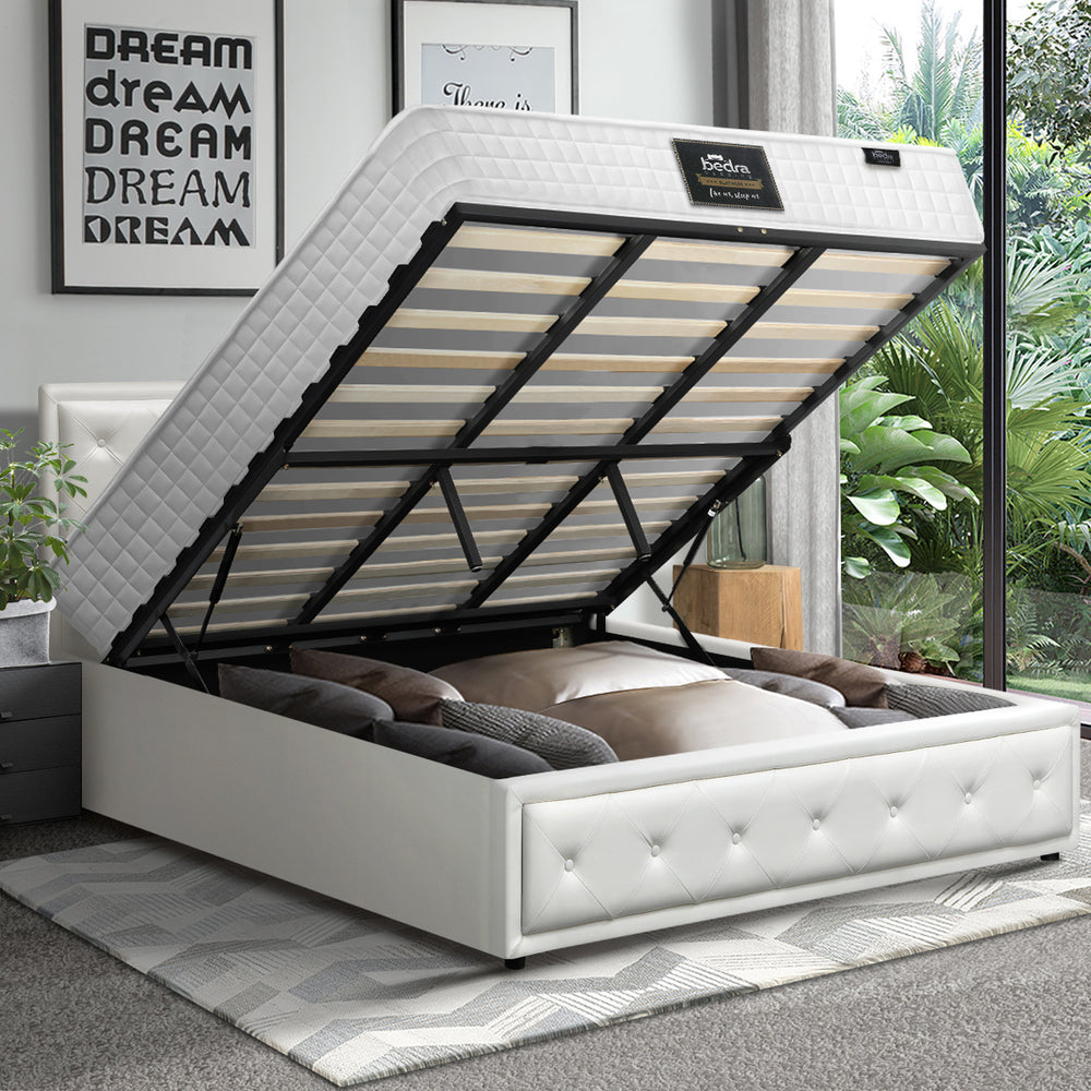 Bed Frame with Mattress King Size Gas Lift White