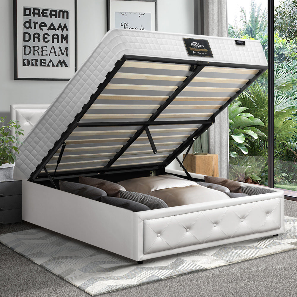 Bed Frame with Mattress King Single Gas Lift White