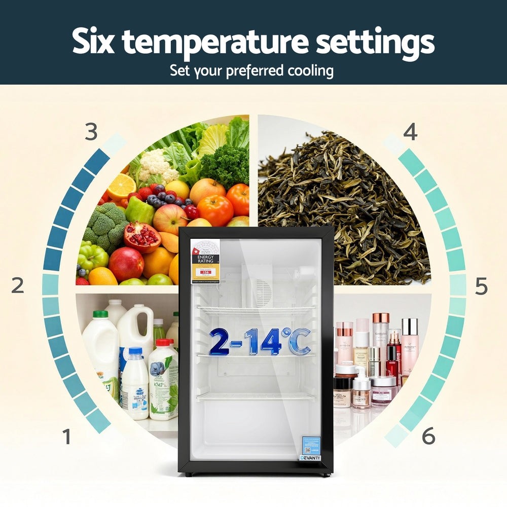 105L Bar Fridge Glass Door Mini Fridge Countertop Cooler Black