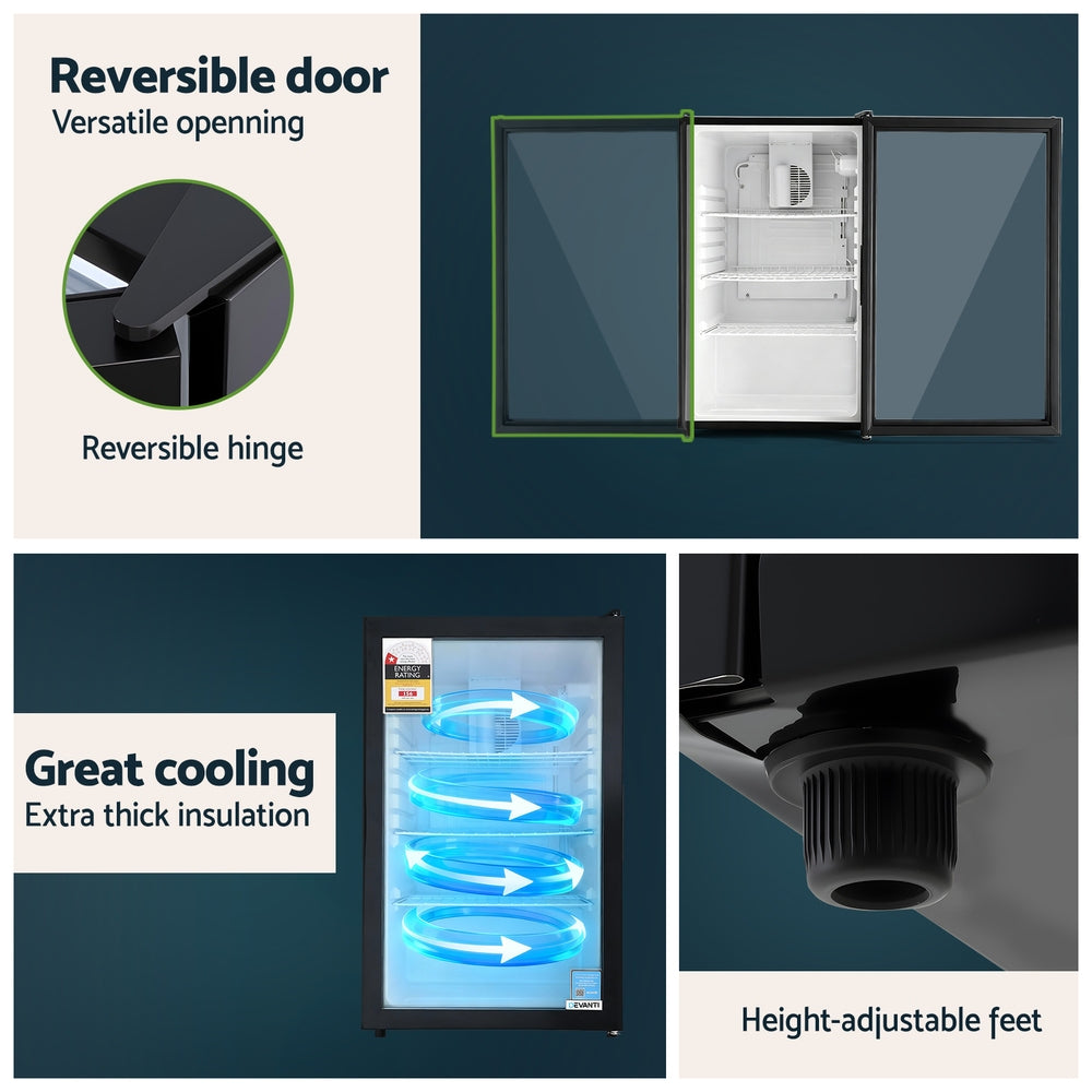 105L Bar Fridge Glass Door Mini Fridge Countertop Cooler Black