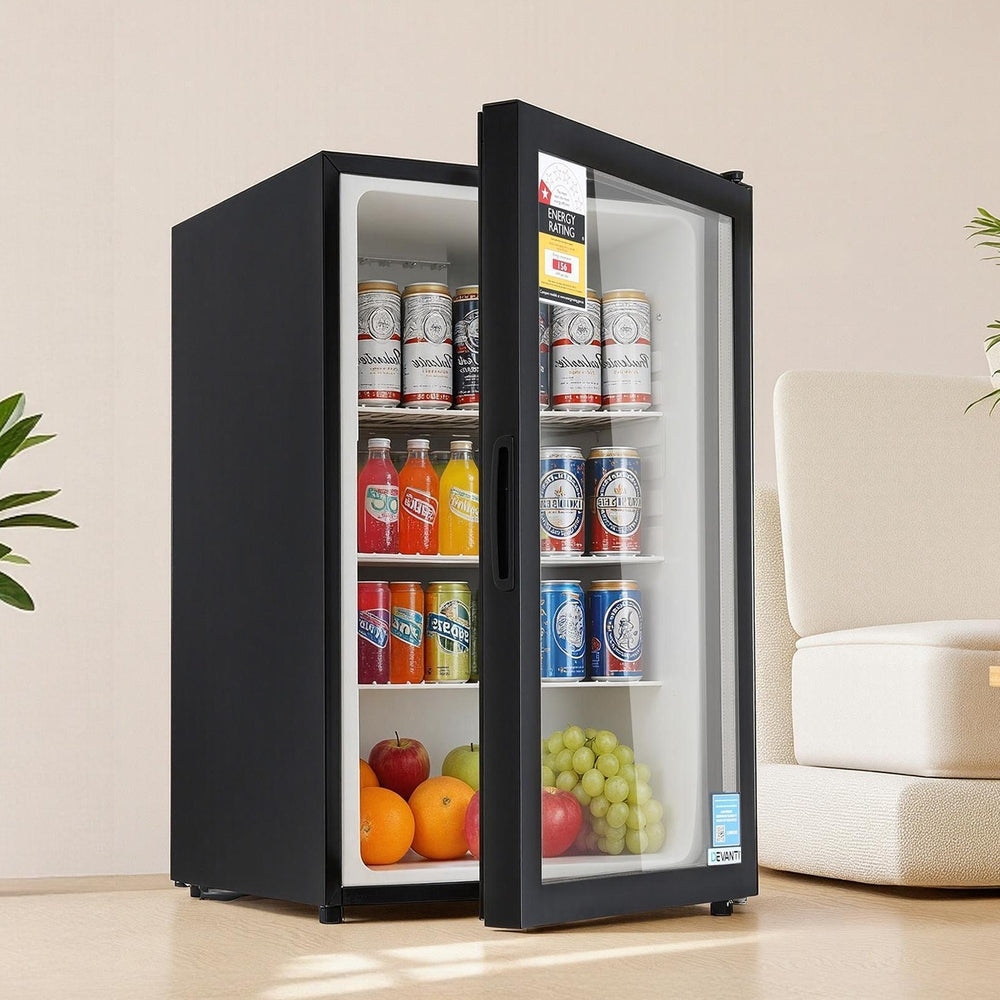 105L Bar Fridge Glass Door Mini Fridge Countertop Cooler Black
