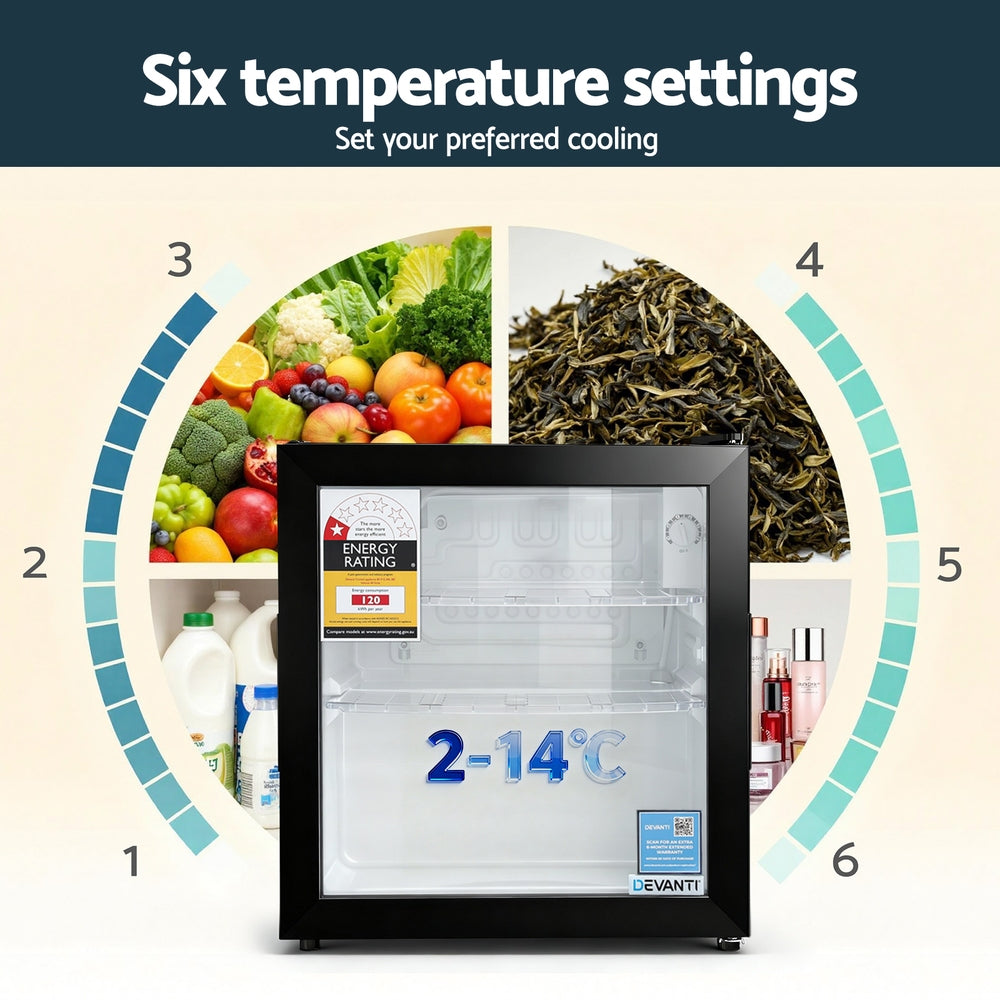 40L Bar Fridge Glass Door Mini Fridge Countertop Cooler Black