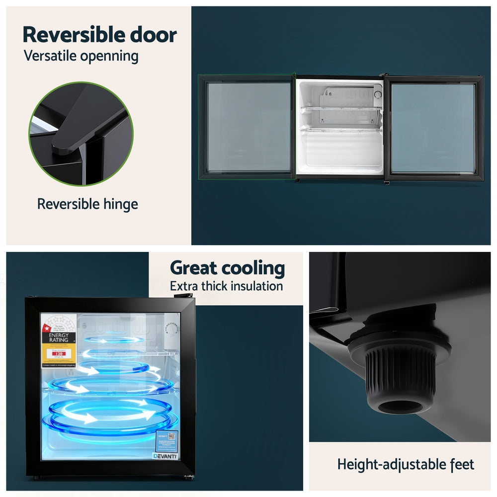 40L Bar Fridge Glass Door Mini Fridge Countertop Cooler Black