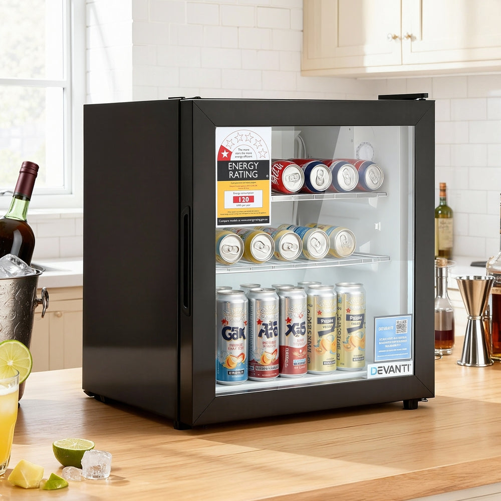40L Bar Fridge Glass Door Mini Fridge Countertop Cooler Black