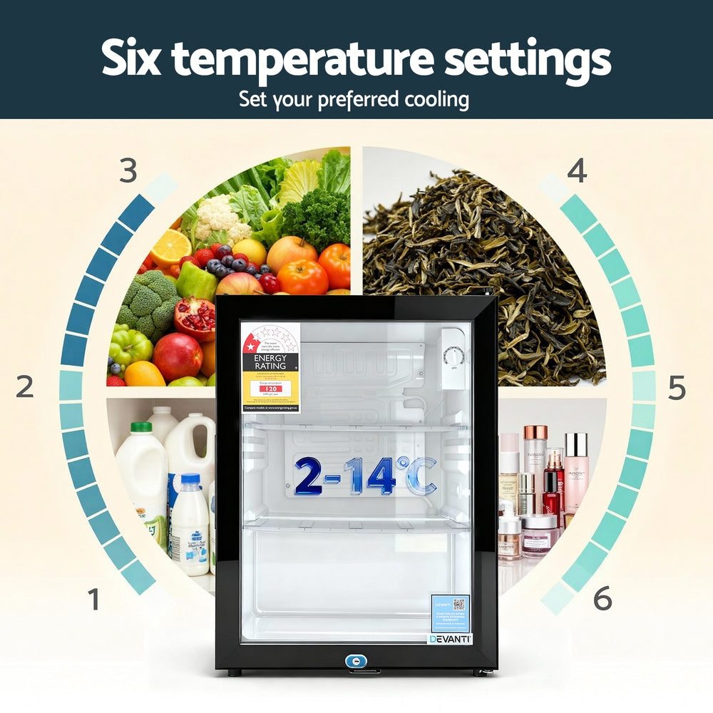 56L Bar Fridge Glass Door Mini Fridge Countertop Cooler Black