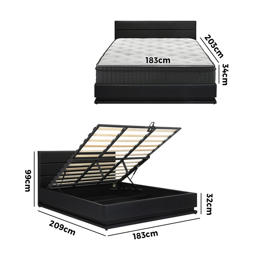 Bed Frame with Mattress King Size LED Gas Lift Black LAYZ