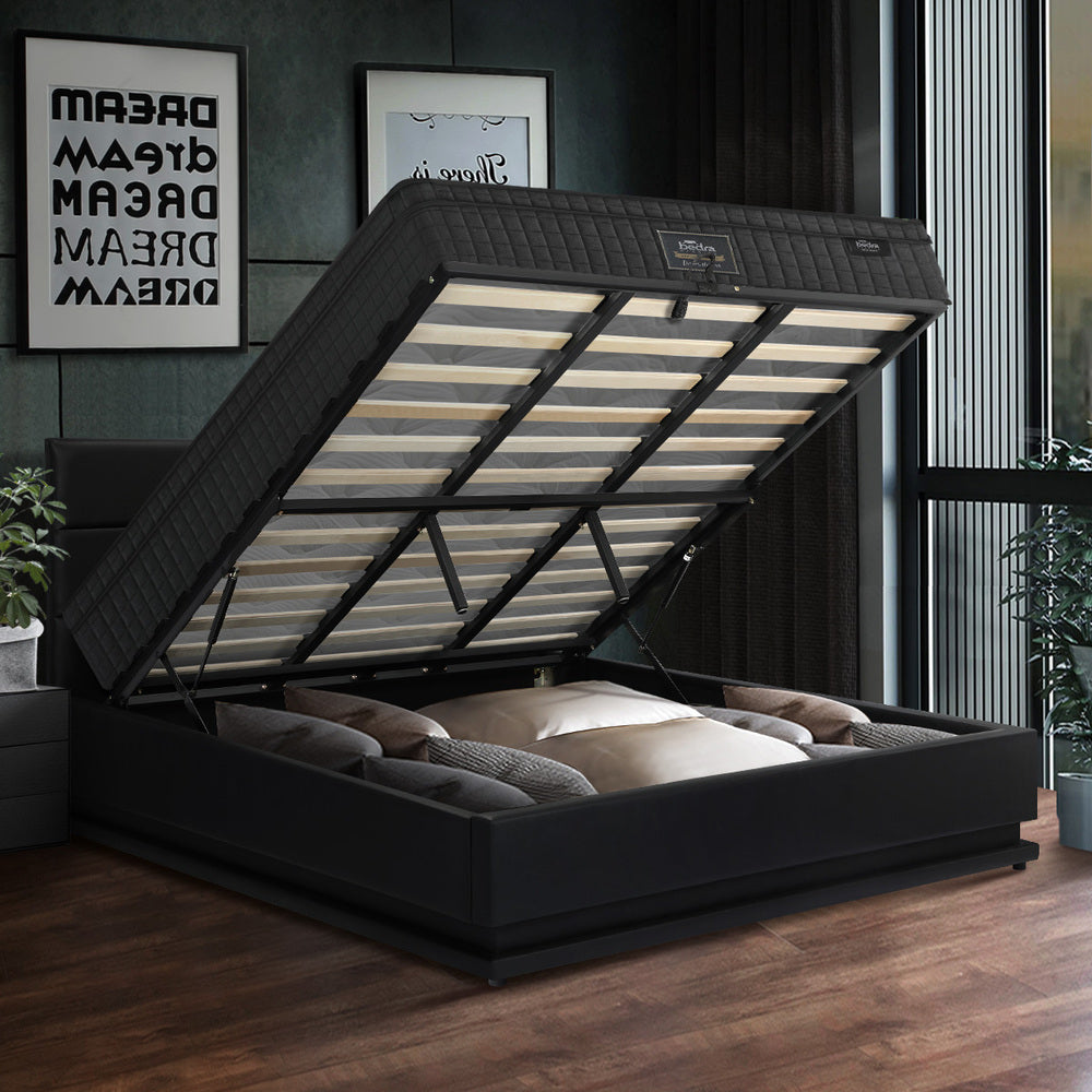 Bed Frame with Mattress King Size LED Gas Lift Black LAYZ